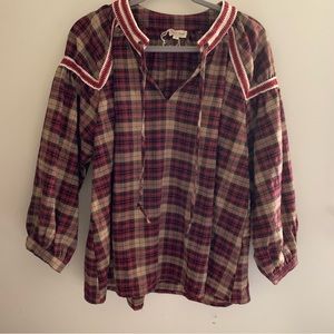 Plaid blouse lace trim bubble sleeve sz L